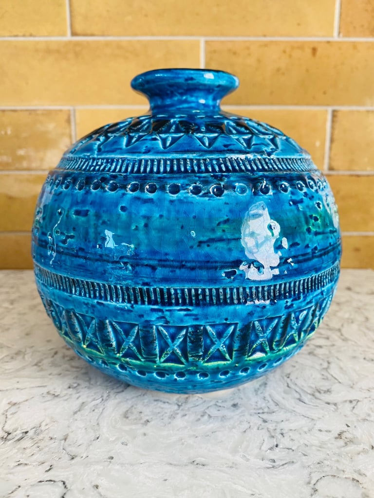 image for Bitossi Rimini Blue Ball Globe Round Vase Vintage Aldo Londi Italy Mid Century - Can Post