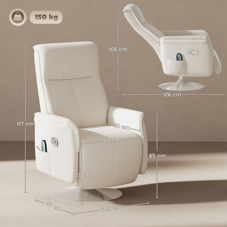 Portland Cream and White Massage Reclining Chair with Adjustable Backrest
