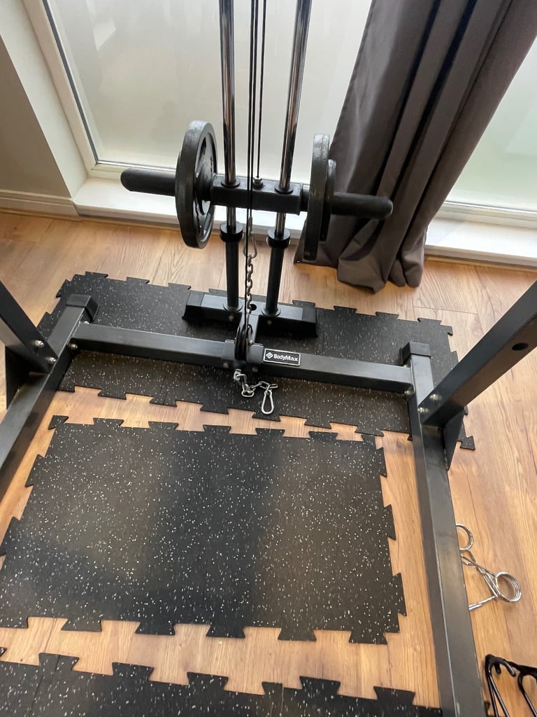 Bodymax full rack, attachments, 215kg cast weight plates and tree, 7ft 20kg barbell, bench, dumbells