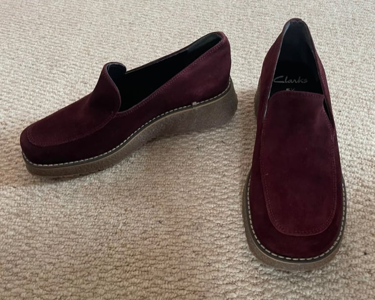 Clarks Burgundy Suede Low Wedge Loafers