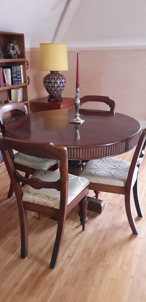 image for Antique Dining Table (round, central pedestal) and 4 matching Chairs.