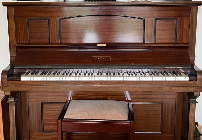 UPRIGHT OVERSTRUNG MAHOGANY PIANO WITH JOHN AUSTIN STOOL