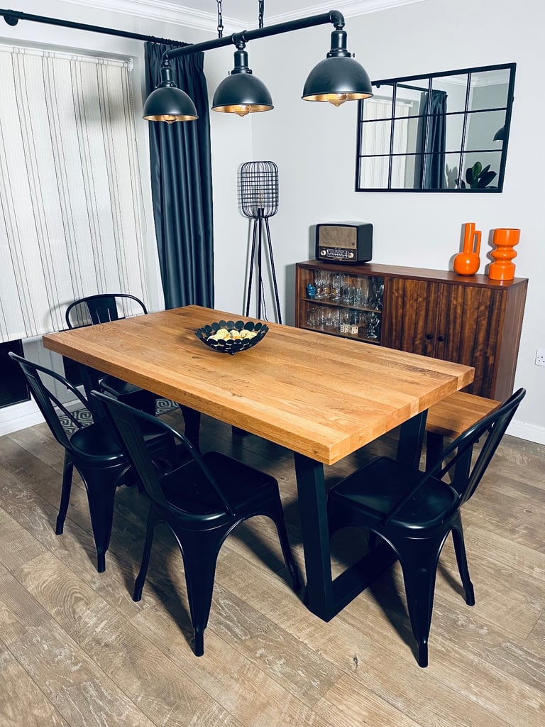 image for Stunning fully refurbished 6 person solid oak dining table set in urban/ industrial style