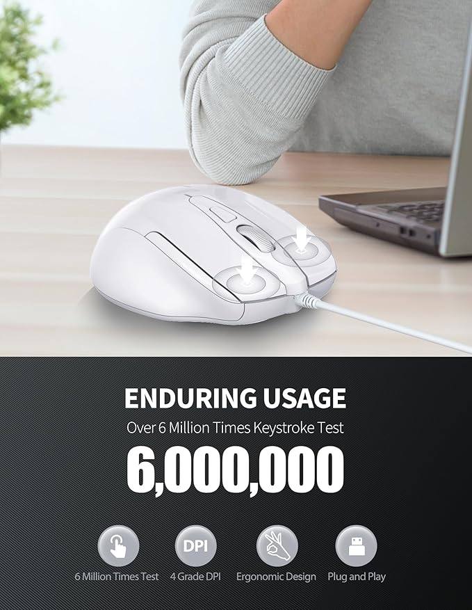 image for TECKNET UM013 Pro Ergonomic Wired Optical 6 Button PC Mouse in White USB2