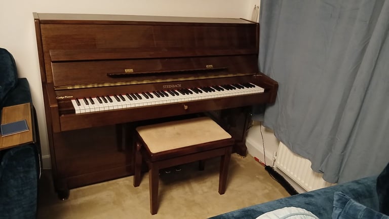image for Steinbach upright piano with stool, Highgloss brown walnut finish, barely used in good condition 