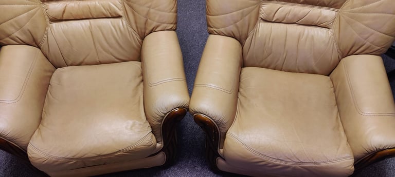 image for Sofa and chairs for sale. Italian beige leather sofa and chairs 3+1+1