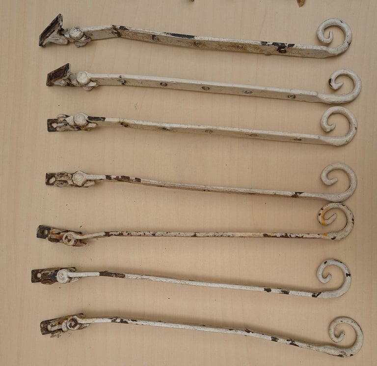 Bundle Vintage 1930's Cast Iron Monkey Tail Window Stays, Window Catches & Posts