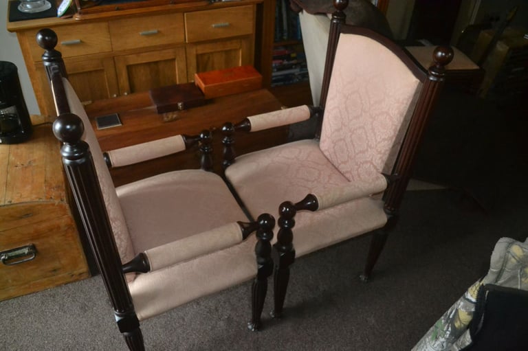 image for Two carver upholstered dining chairs with matching footstool