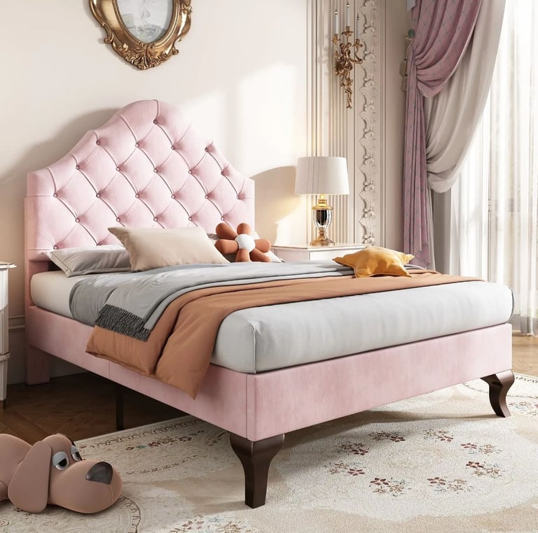 Single Bed with Height-Adjustable Headboard, Wooden Slat Support, Easy Assembly, Velvet, 