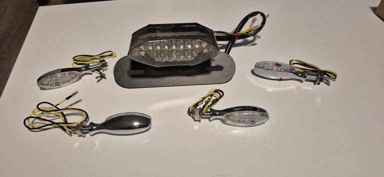 image for Motor Bike Rear Tail Light Led & Number Playe Holder with 4 Chrome Mini Indicators