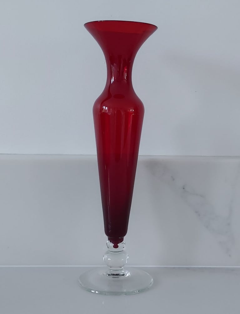 Vintage Red Glass Bud Vase Clear Foot 21 cm Tall