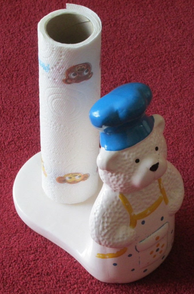 CHINA  - KITCHEN PAPER TOWEL HOLDER, TEDDY BEAR  9.5 HIGH -  CHEFS HAT AND APRON