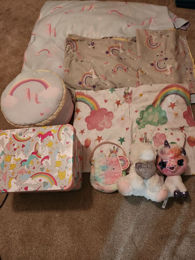 Unicorn bundle beanbag reversible , pouffe , bag ,unicorn, case and storage boxe