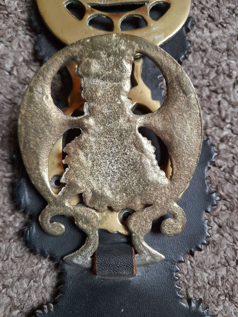 5 Vintage & Antique Brass Horse medallions on leather strap - bridle decoration