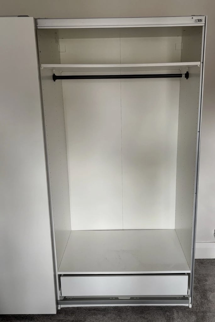 IKEA White Sliding Door Wardrobe with 2 Rails, 3 Drawers & 5 shelves FREE DELIVERY 050