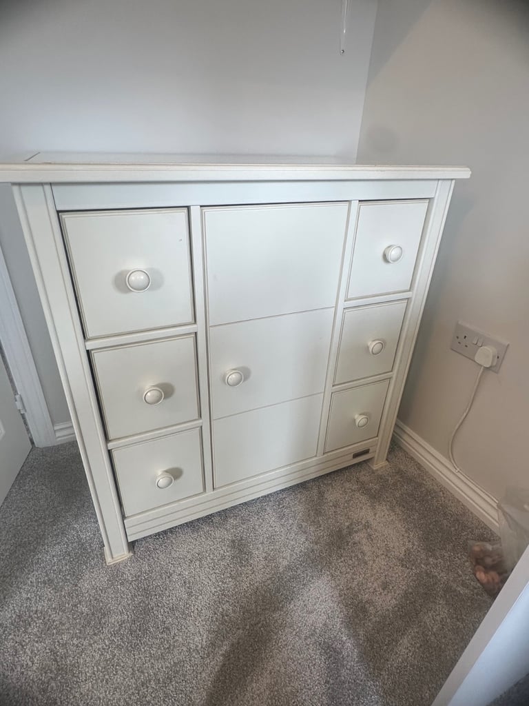 Mamas and papas 6 drawer one small wardrobe door chest of drawers solid wood cream 