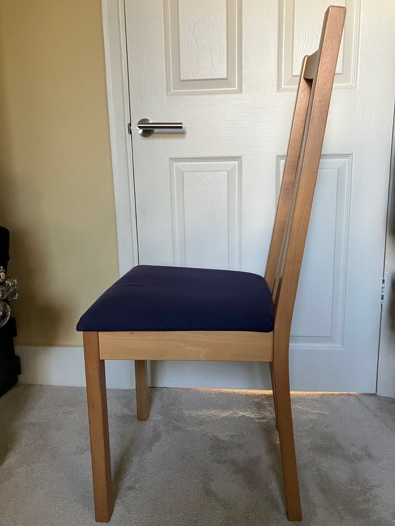 Wooden dining chair with blue seat in very good condition