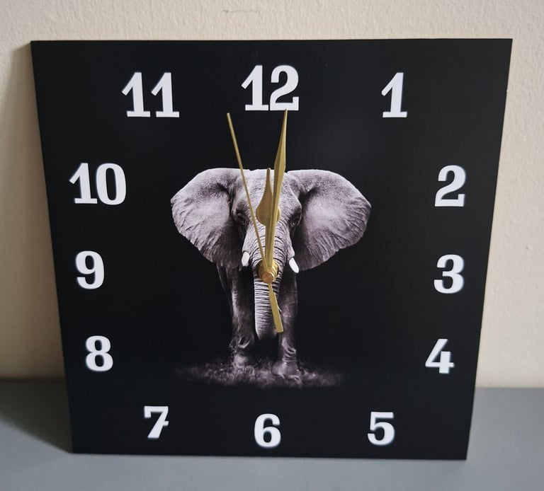 image for Elephant Wall Clock 25 cm Square Wood – Silent Quartz, Gold Hands, Black