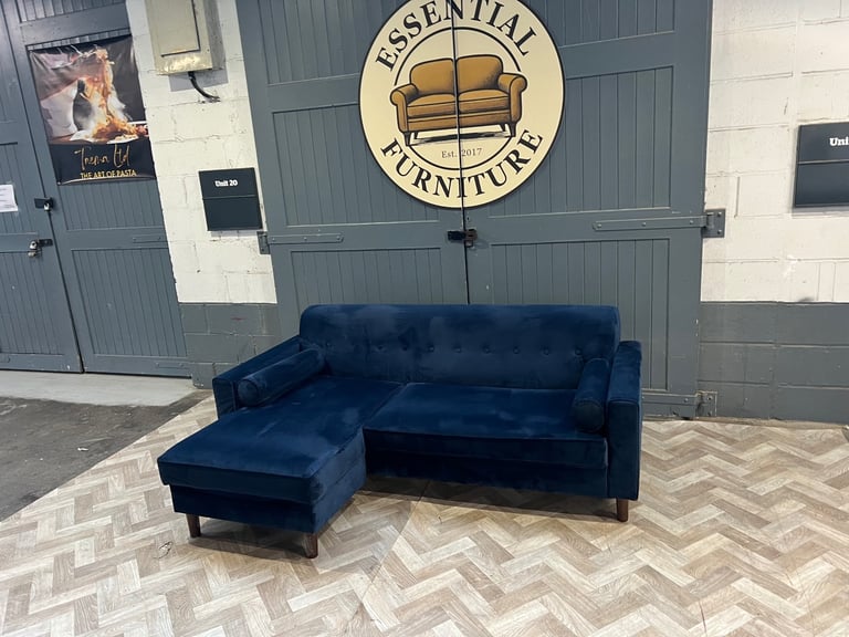 Blue velvet L shape sofa, FREE DELIVERY 