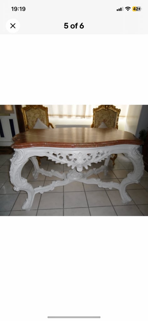 Shabby Chic Table Very Ornate White with Solid Marble Top 