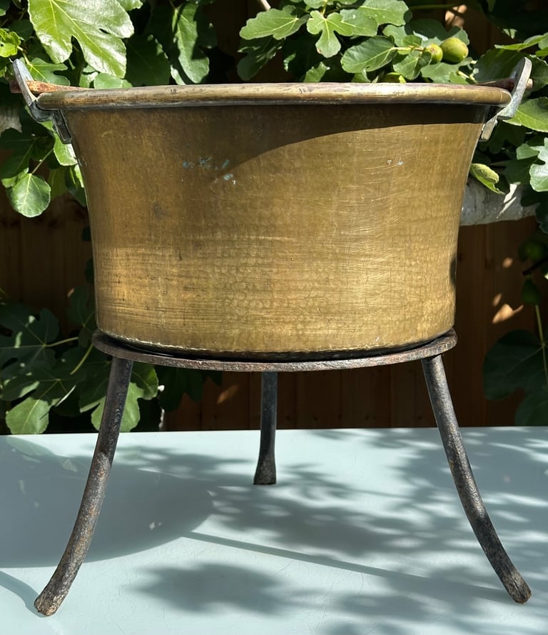 LARGE ANTIQUE FRENCH COPPER CAULDRON & STAND, LOG BUCKET, PLANTER, L58cm - 1900s - WILL POST!