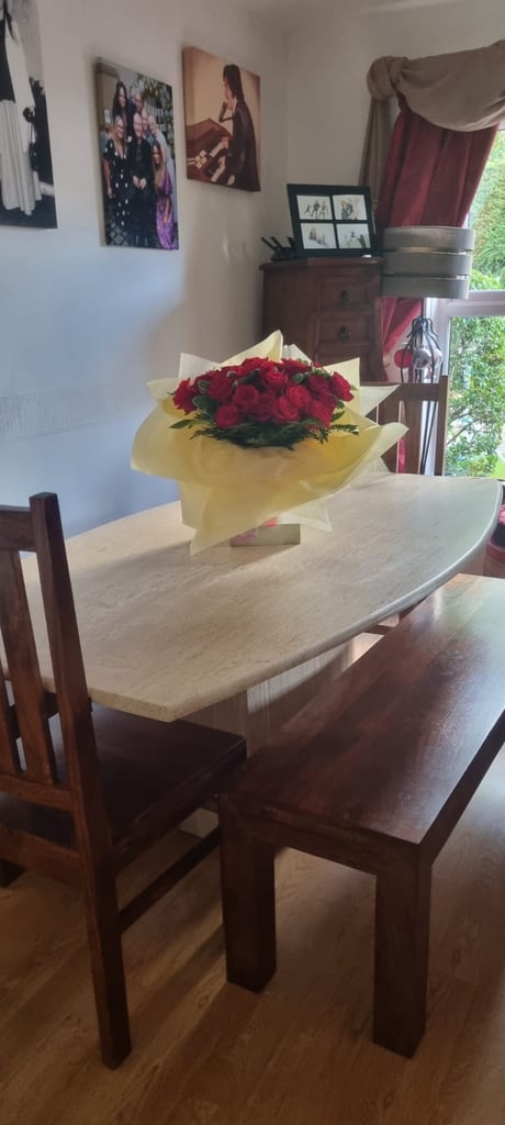 Stone Marble Pedestal Dining Table, 2 Solid Mango Wood Benches. Collection only.