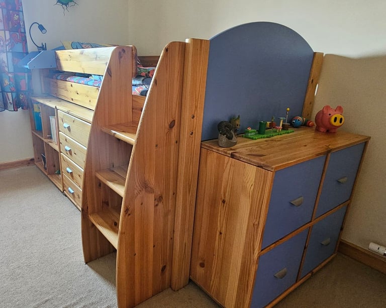 image for Uno Stompa Blue Mid Sleeper with Cube Unit with a Pair of Doors, 3 Drawer Chest and Cube Unit