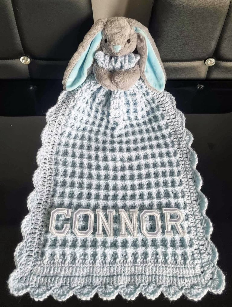 Crochet Baby Comfort Blanket, Personalised, Girls and Boys colours available
