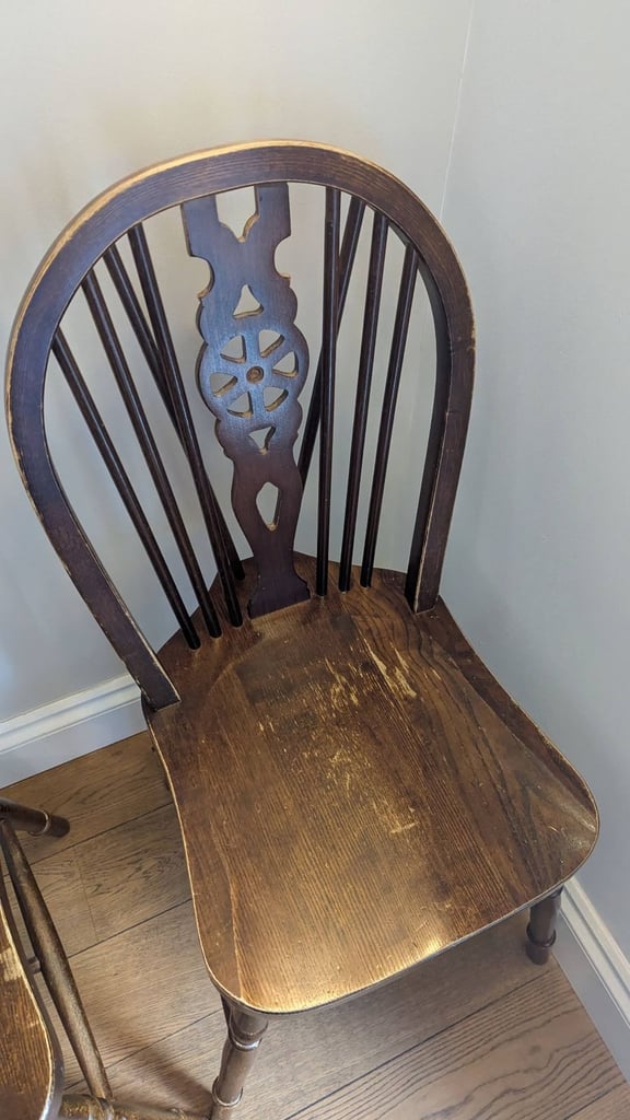 Set of 4 Vintage Wheelback Chairs, dark wood