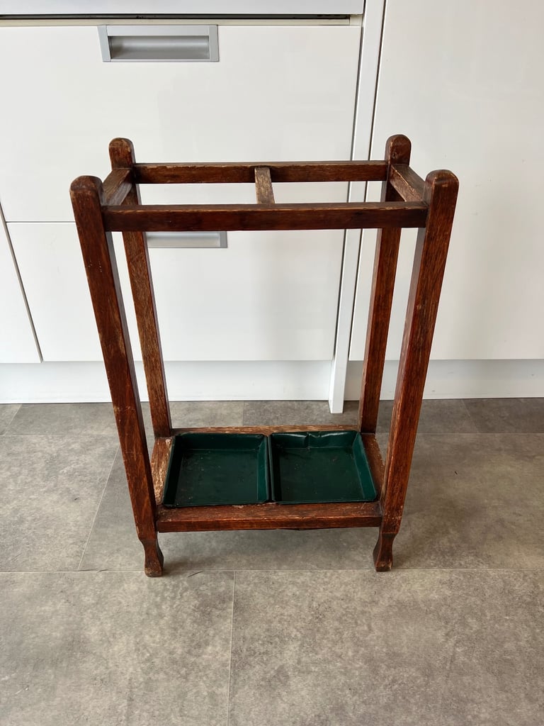 Vintage Wood Umbrella Stand with 2 Green Metal Drip Trays
