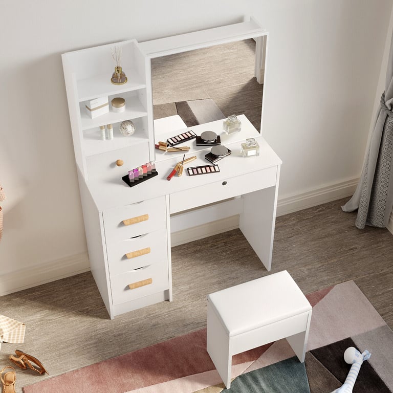 New White 5 Drawers Makeup Desk + Sliding Mirror and Stool RRP £220 Our Price £145