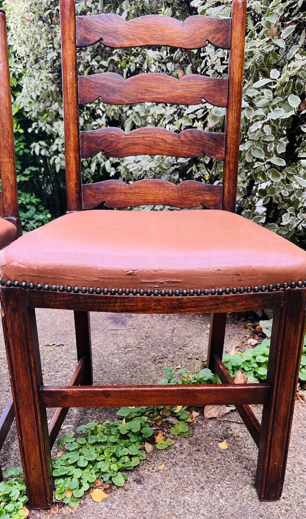 Pair of Vintage Wooden Ladder-Back Dining Chairs – Tan Faux Leather Seats