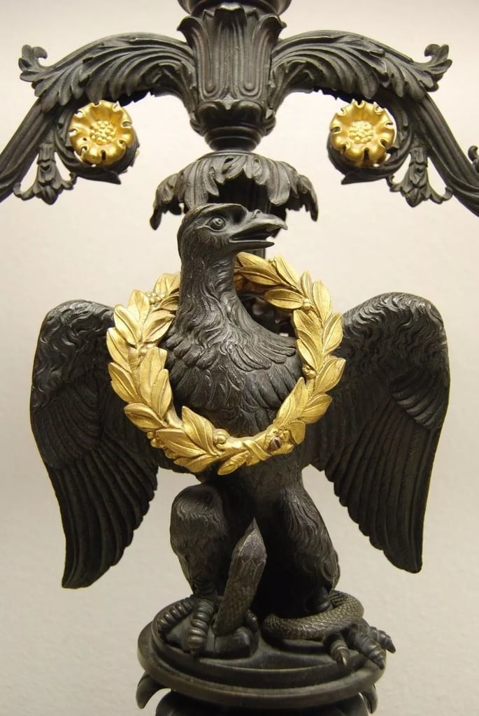ANTIQUE FRENCH EMPIRE CAST BRONZE IMPERIAL EAGLE GAS LIGHT NEWEL POST GILT LAMP