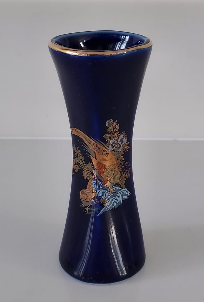 Cobalt Blue Ceramic Pottery Bud/Posy Vase Oriental Bird Design 10 cm Tall