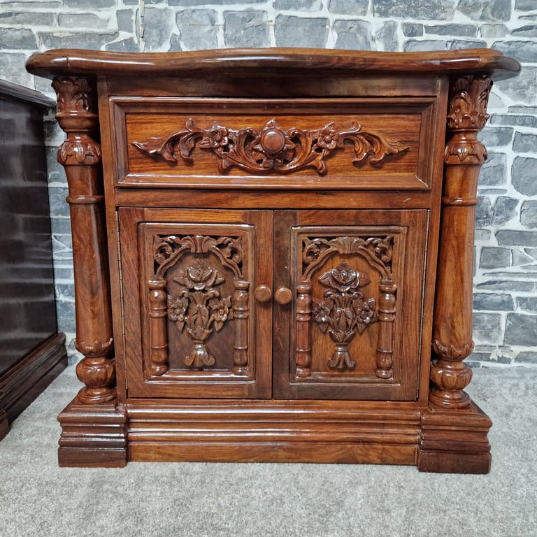 Pair of Hand-Carved Wooden Bedside Cabinets