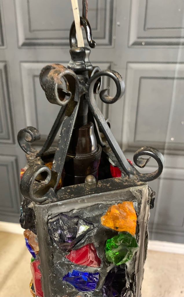 SOLD Pair of Vintage Mid Century Peter Marsh Leaded Rock Glass & Wrought Iron Lantern Lamps 50s 70s