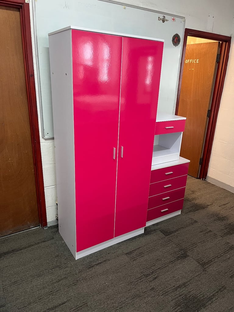 Pink & White Two Door Wardrobe Chest & Bed Side Cabinet 