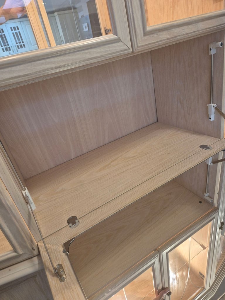G Plan Limed Oak Large Display Mirrored Cabinet in limed oak with lighting and glass doors.