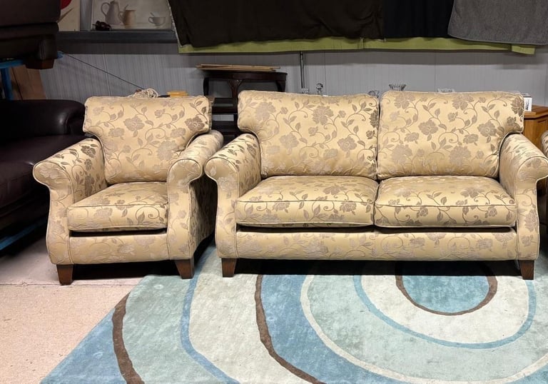 Flowers Pattern Beige Fabric 3 Seater Sofa and Chair 