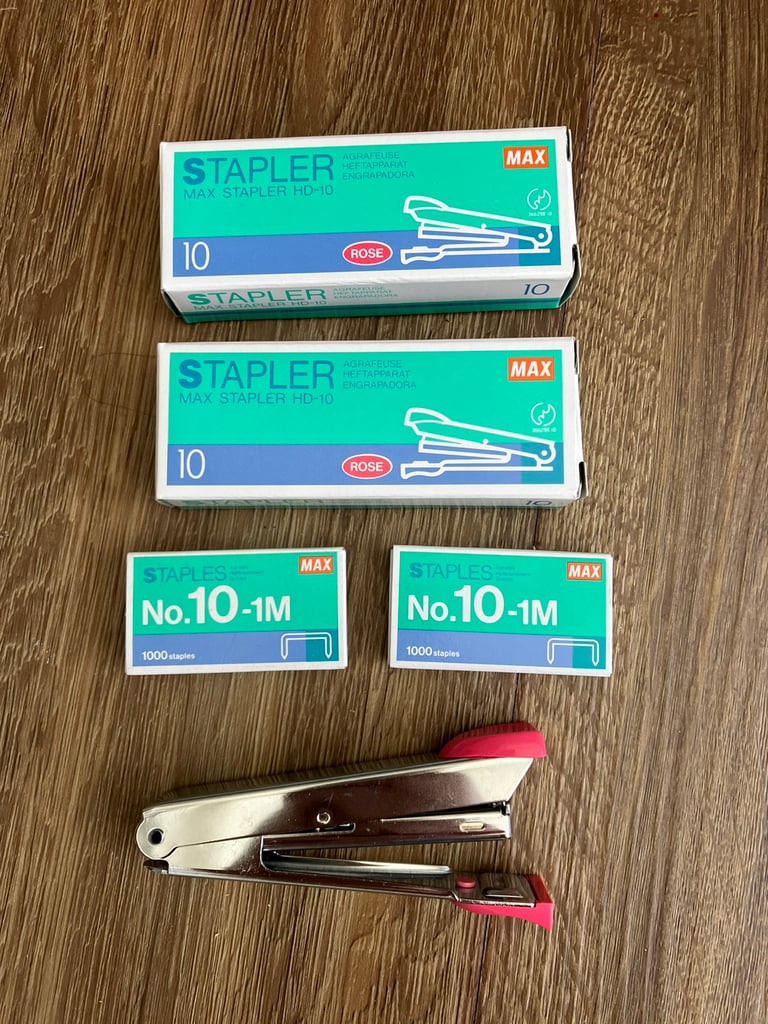 Stationery: 3 small Max Staplers and 2 boxes of staples. £10 the lot