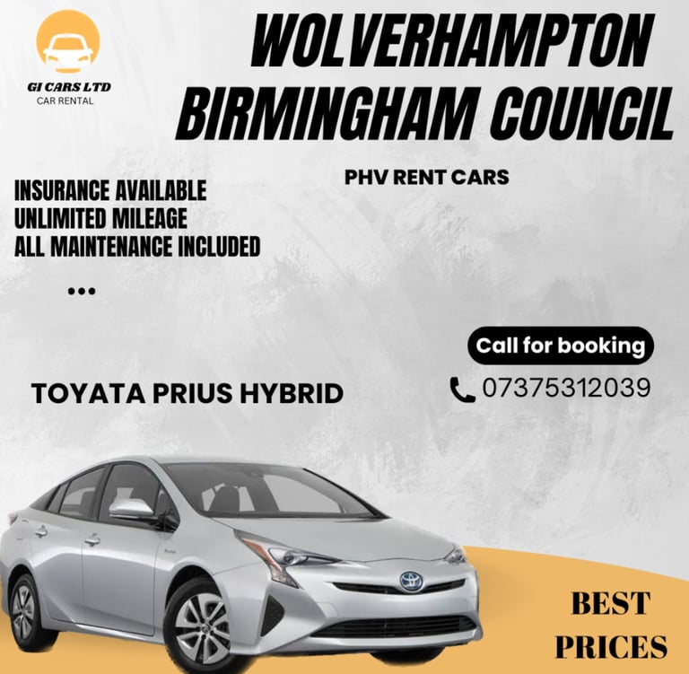 image for TOYOTA PRIUS HYBRID WOLVERHAMPTON & BIRMINGHAM COUNCIL PLATE PRIVATE TAXI HIRE RENTAL