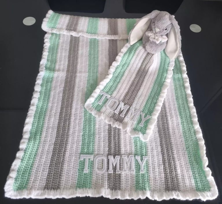 Crochet Baby Blanket, Personalised, Mint Green & White  