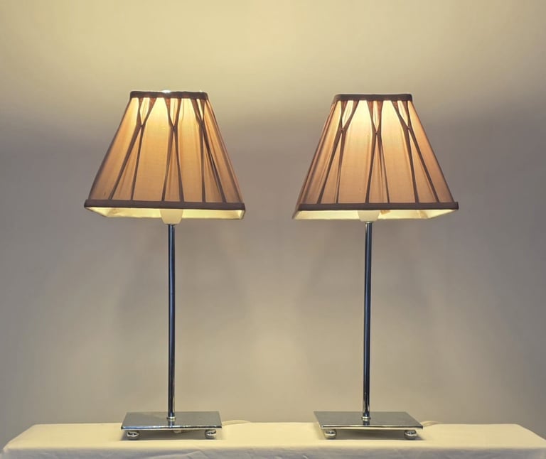 Laura Ashley Twin Table Lamps - Chrome Base with Pleated Fabric Shades (Set of 2)
