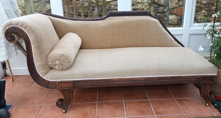 image for Beautiful Antique carved & scrolled Chaise Lounge. Professionally re-upholstered
