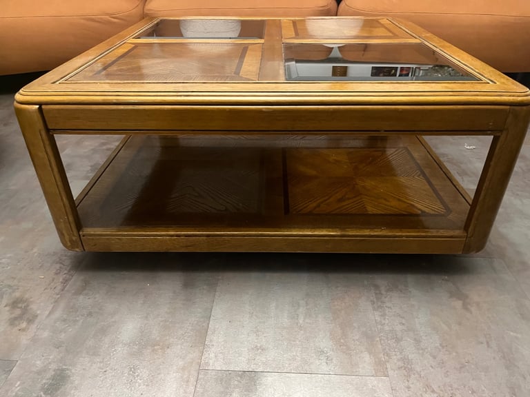 Square polished wooden/glass coffee table 
