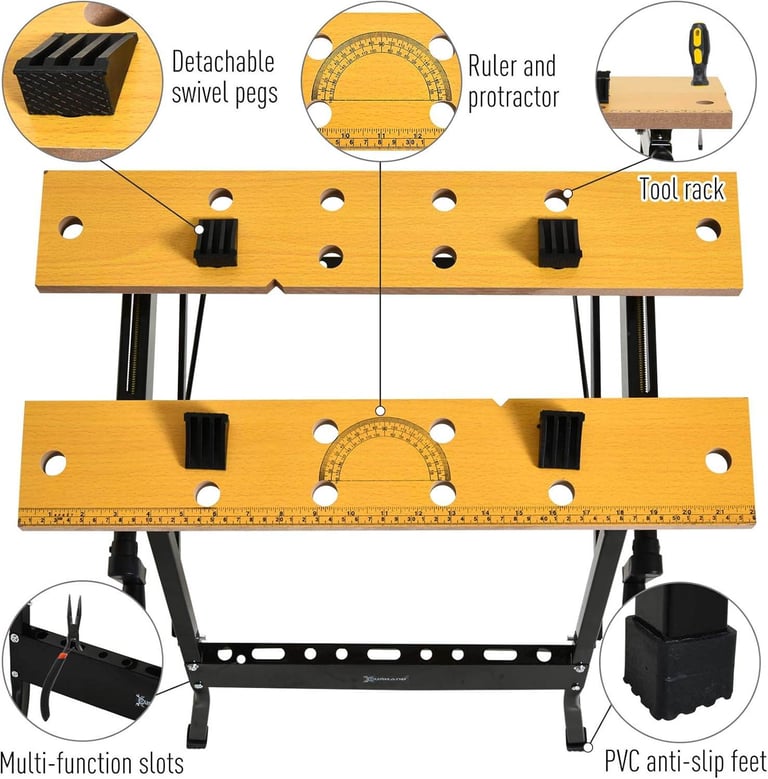 DURHAND 4-in-1 Work Bench, Folding Clamp Table w/ 4 Adjustable Clamping Pegs 