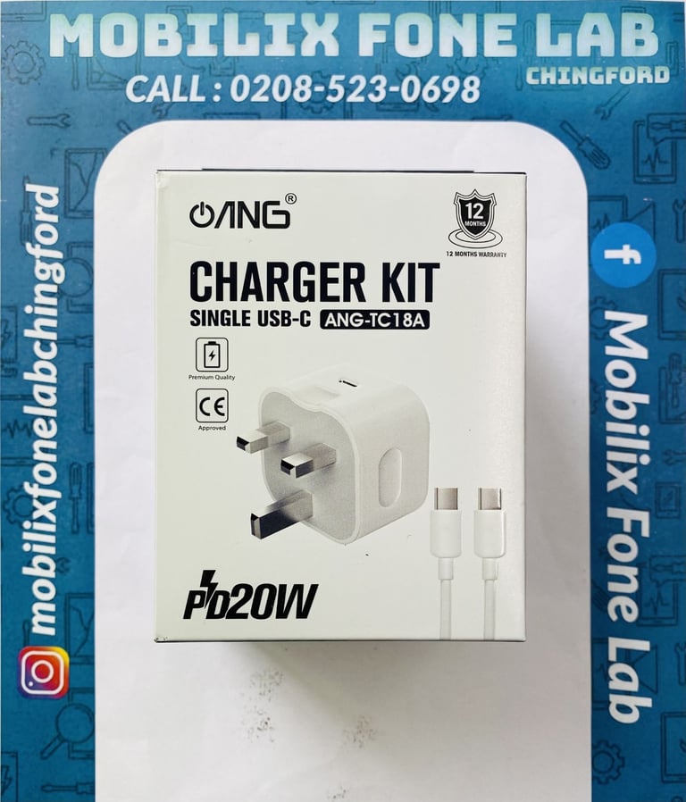 image for ANG TC 18A 20W iPhone 15 Series Fast Charging USB-C PD Plug Charger Cable