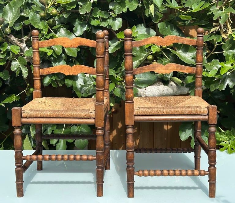 VINTAGE FRENCH BOBBIN LEG CHAIRS, CORNER CHAIRS, RUSH SEAT, H74cm - 1900s ARTS & CRAFTS - WILL POST!