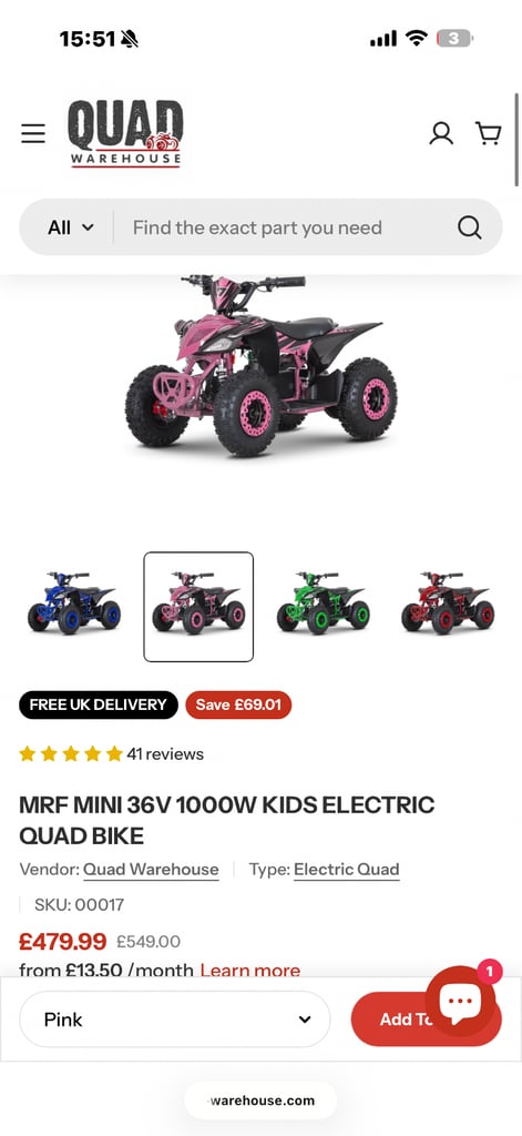 image for Kids 1000w electric quad black and pink 