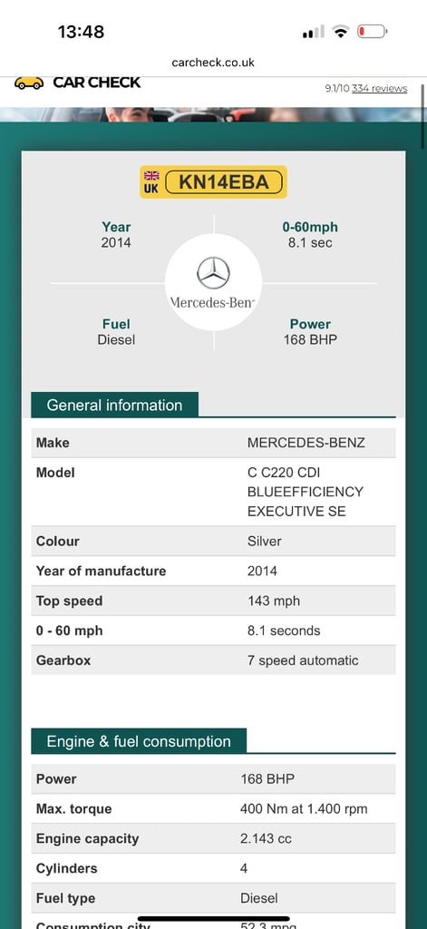 Mercedes-Benz, C CLASS, Saloon, 2014, automatic 7G 2.200 (cc), 4 doors-Fresh mot !